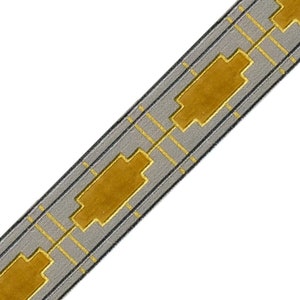 May include: Gray and gold trim with a geometric pattern. The trim has a raised velvet texture.