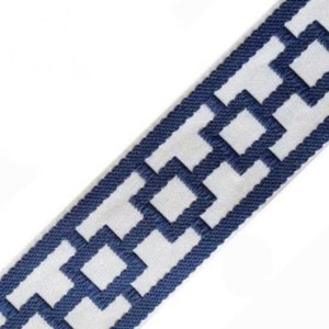 Designer Trim By The Yard Caroline Geometric Jacquard 2.15” Drapery Craft Upholstery Pillows Decor LF02-01 Navy on TRUE WHITE