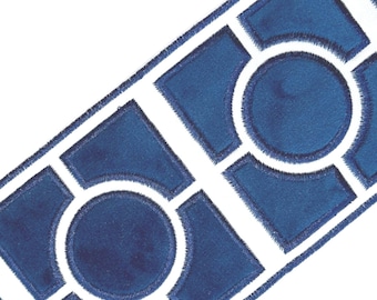 Designer Trim By The Yard Fretwork Print 3.5" navy indigo blue off white, Drapery, Craft, Upholstery, Pillows, Decor LF0523-2 embroidered