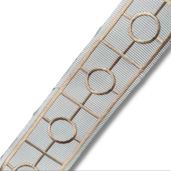 Designer Trim By The Yard Fretwork circle link  Print embroidered 3.5" beige on grey taupe, Drapery Craft, Upholstery, Pillows Decor LF874-3