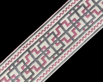 Designer Trim By The Yard Fretwork chain link  Print Satin 3.5" dusty rose grey pink cream Drapery Craft Upholstery Pillows, Decor LFHB072-p