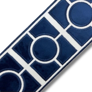 Designer Trim By The Yard Fretwork chain link  Print embroidered 3.5&quot; navy blue off white , Drapery Craft, Upholstery Pillows, Decor