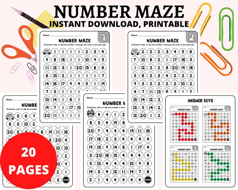 Preschool Pre-k + Kindergarten, Number Maze for Kids, Activity Sheets, Montessori Resource ...