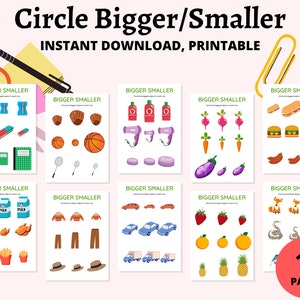May include: Printable worksheet for kids to circle the bigger object in each pair.  The worksheet includes 10 pages with various objects like a pencil, baseball glove, hair dryer, milk carton, jacket, car, strawberry, fox, and pineapple.