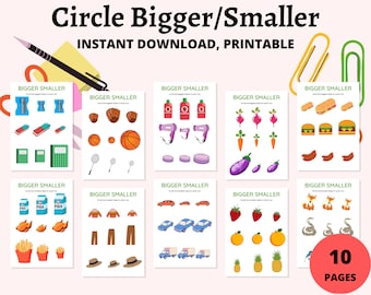Circle Bigger/Smaller Objects, 10 PAGES, Big Small Worksheets, Preschool Worksheets for Kids, Kindergarten Worksheets, Homeschool Worksheets