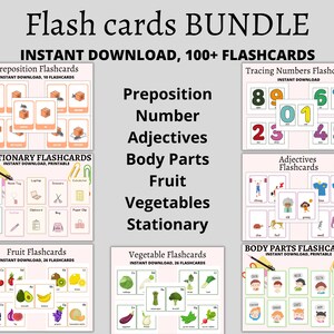 May include: A bundle of printable flashcards for educational use. The image displays various sets, including prepositions, numbers, adjectives, body parts, fruits, vegetables, and stationery items. The text "Flash cards BUNDLE" is at the top.