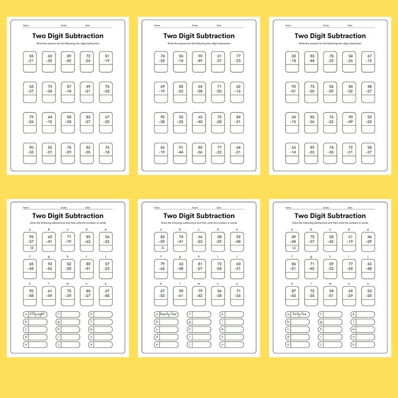 Two Digit Subtraction Worksheet | Digital Download | Writing Practice ...