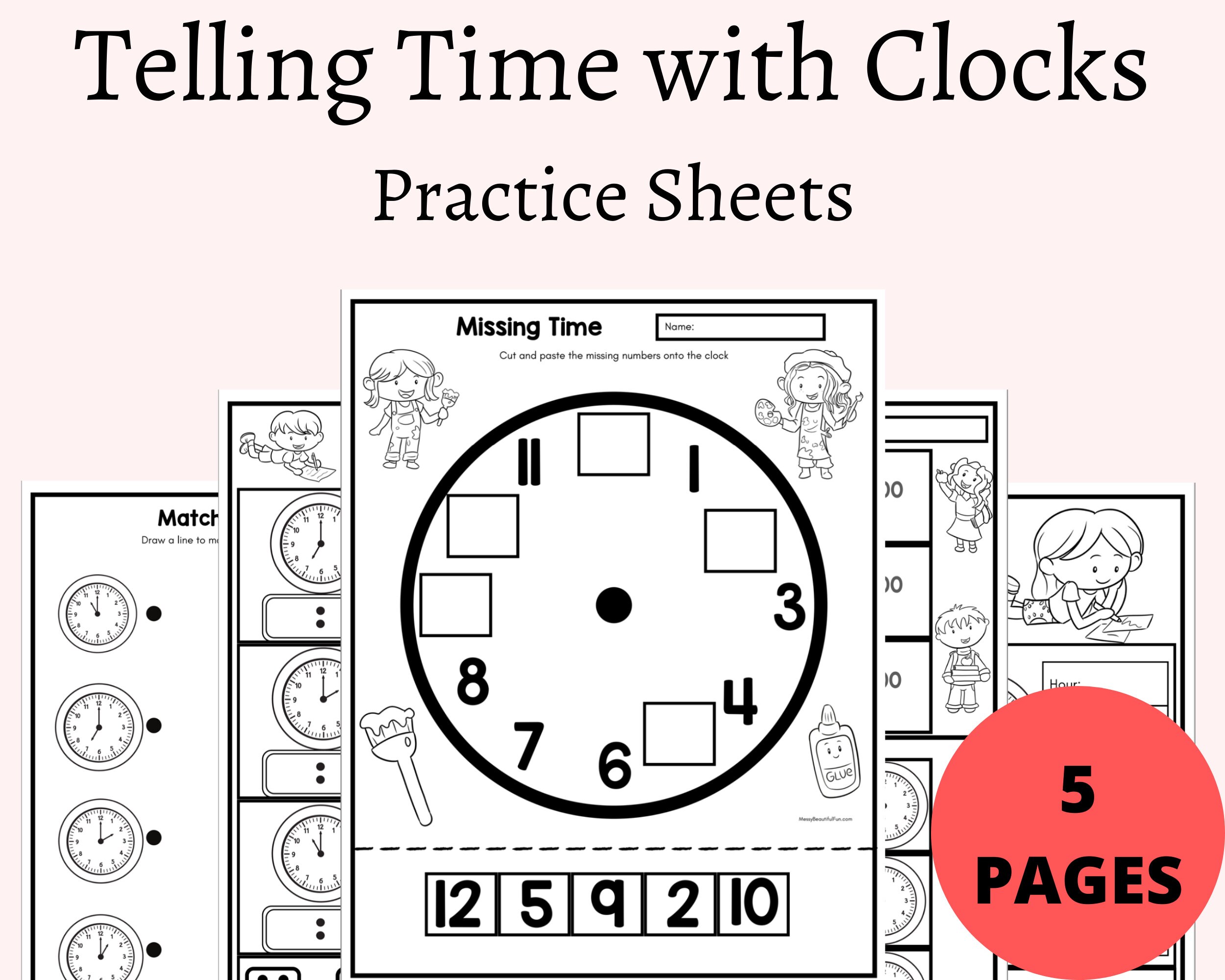 Telling Time Printables, Clock Worksheets, Learning Activity Book for