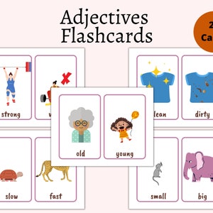 Schede di apprendimento Montessori per bambini, Schede flash aggettivi, flashcard Montessori, Schede prescolastiche, Schede educative stampabili