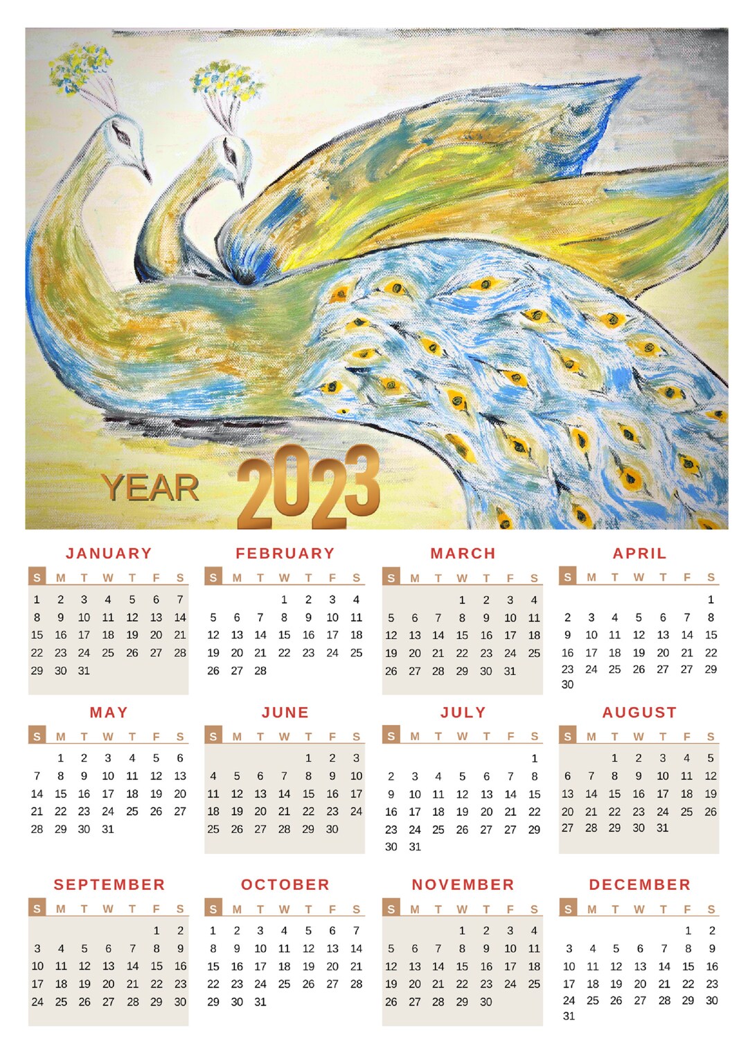 PEACOCKS Printable Download Calendar 2023 Year Print Birds Etsy