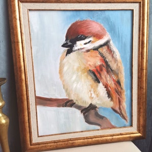 MOINEAU Peinture à l&#39;huile originale peinture oiseau encadré toile fait main