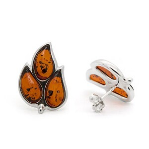Cognac Baltic Amber Leaf Stud Earrings | Botanical Jewelry