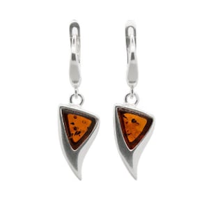 Shark fin Shape Sterling Silver Modern Earrings with Cognac Baltic Amber