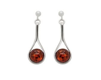 Orecchini pendenti in argento sterling con ambra baltica - Marrone cognac - Italia