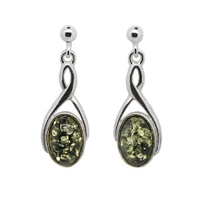 Infinity Dangle Earrings with Green Baltic Amber I Sterling Silver I Gift for Mom