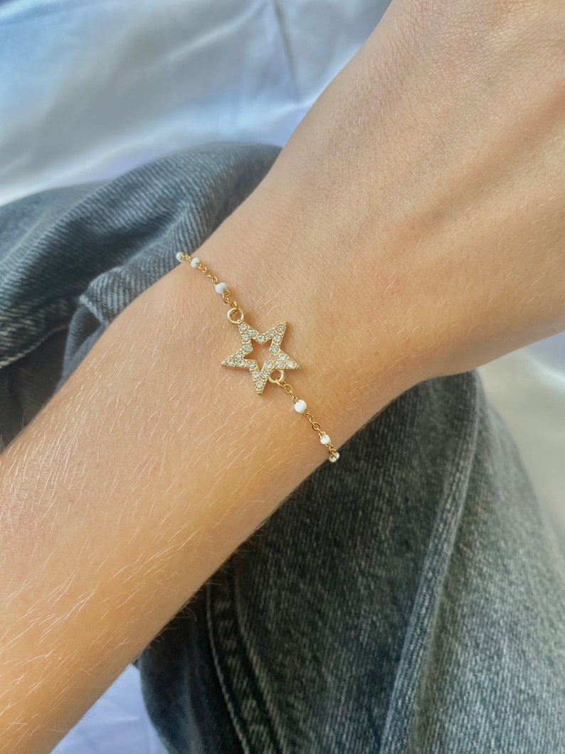 gold adjustable stainless steel bracelet étoile blanche stras