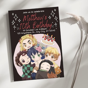 May include: Black invitation card with the text "Join us to celebrate Metthew's 10th Birthday" and a group of anime characters. The card includes the date, time, and address. A cake with candles is also featured.