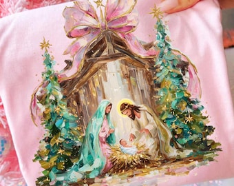 Preppy Painted Christian Nativity Scene PNG Glitter Faith Christmas Sublimation Design Greatest Gift of all PNG Nativity Coquette Png