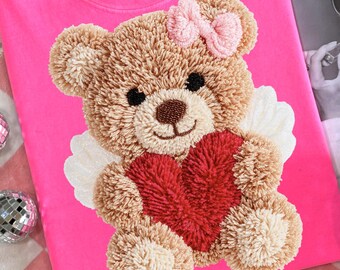 Faux Yarn Valentine's Day Teddy Bear Png, Coquette Valentines Png Heart Design