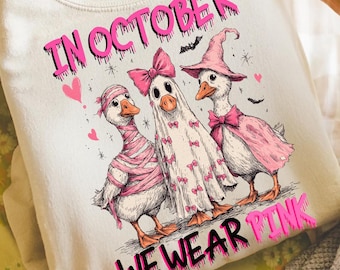 In October We Wear Pink Png, Goose Breast Cancer Png, Pink Ribbon Png, Cute Preppy Pink Coquette Png, Breast Cancer Png, Sublimation File