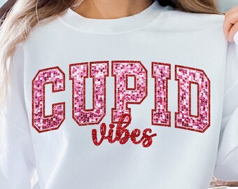 Faux Sequin Cupid Vibes Valentines Sublimation Design, Valentine’s Day Digital Design, Cupid PNG, Love, Valentines, trendy pink vday