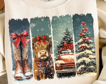 Navidad vintage en un pueblo pequeño PNG, Vaquera PNG, Niña de pueblo pequeño Navidad PNG, Vaca de las Tierras Altas Navidad PNG, Navidad del oeste PNG