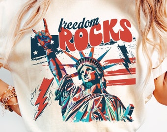 Freedom Rocks Sublimeringsdesign PNG Digital Nedladdning Utskrivbar Boho Retro 4 juli Självständighetsdagen Patriotisk Liberty USA