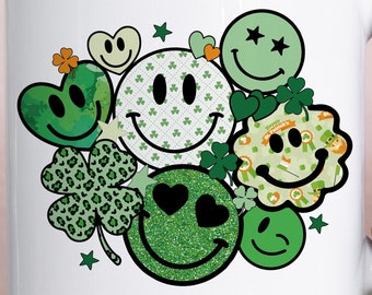 St Patricks Day Smiley Faces PNG Sublimation Design | St Patricks Day Love Smile Clover Hearts Retro Groovy Digital Download Tshirt Design
