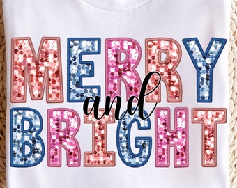 GLITTER MERRY & BRIGHT Christmas png, glitter Christmas png, faux embroidery faux sequins png digital file pretty christmas faux glitter png