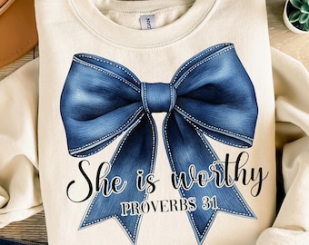 She is Worthy Bow PNG File, Women's Christian Shirts, Cute Christian Coquette Designs, Girly Faith Shirt Ideas, Trendy Christian Shirt Ideas