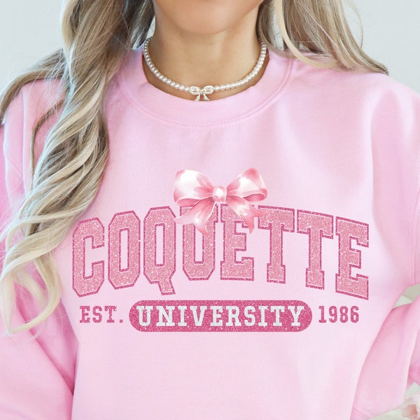 Coquette University PNG, Coquette Bow Png, Trendy Aesthetic Shirt Design, Soft Girl Aesthetic, Pink Glitter Coquette Girl varsity png