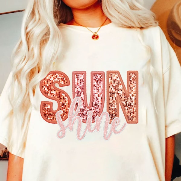 Sunshine PNG Faux Sequins Embroidered Letters Springbreak Shirt Design Sunshine Shirt Design Here summer png, boho png,retro png sublimation