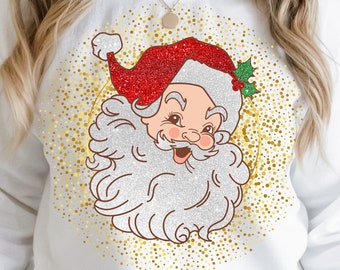 Kerstman PNG, Glitter Bling, Kerstmis, Feestdagen, Digitaal, Retro Kerst PNG, Vintage Kerstman PNG, Kerstshirt, Vrolijk Kerstmis PNG