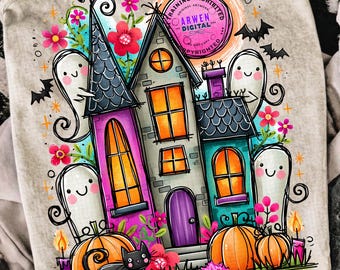 Trendy Haunted House Png, Halloween Sublimation Design, Girly Spooky Season Shirt Design, Trendy Floral Fall Png