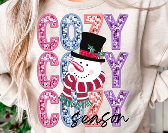 Cozy Season, Faux Embroidery, Sequin, Glitter, Christmas PNG, Christmas Design, Snowman | PNG Sublimation Design Digital Download, Trendy