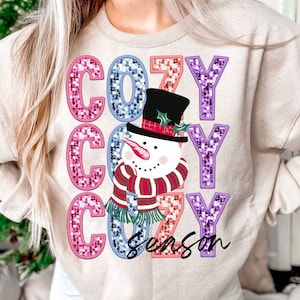 Cozy Season, Faux Embroidery, Sequin, Glitter, Christmas PNG, Christmas Design, Snowman | PNG Sublimation Design Digital Download, Trendy