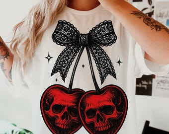 Gothic Skull Cherry PNG, Dark Aesthetic Cherry Skulls with Lace Bow, Spooky Cute Halloween Sublimation, Gothic Horror Digital Art
