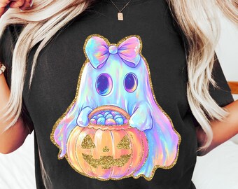Iridescent Ghost Pumpkin PNG, Coquette Halloween Design, Iridescent Ghost Pumpkin Design, Halloween PNG, Girly Halloween Png, Cute Ghost Png