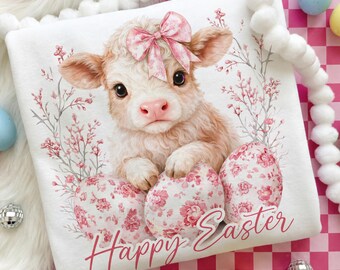 Ostertag Highland Kuh PNG, süße Kuh Ostern Png, Retro Chinoiserie Ostern Png, Frohe Ostern Sublimationsdesign, rosa Toile digitaler Download