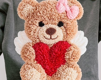 Faux Yarn Valentine's Day Teddy Bear Png, Coquette Valentines Png Heart Design