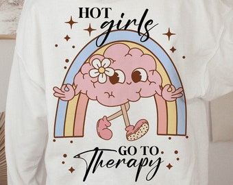 Hot girls go to therapy png, Mental Health Funny PNG sublimation, y2k retro t-shirt design, groovy mental health png, cute brain clipart