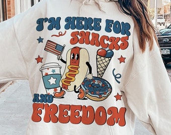 I’m Here For The Snacks and Freedom July 4th PNG sublimation Design Download, groovy retro america png, Independence Day png, Fourth of July
