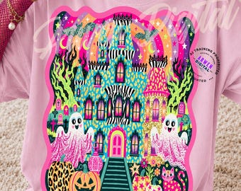 Preppy Haunted House PNG, Colorful Ghost Pumpkin Halloween Design, Coquette Leopard Ghosts, Cute Fall Shirt Sublimation, Trendy Boutique PNG