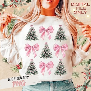 May include: White sweatshirt with a pattern of pink bows and Christmas trees. The trees are decorated with small pink baubles. The text "DIGITAL FILE ONLY" and "HIGH QUALITY PNG" are visible.