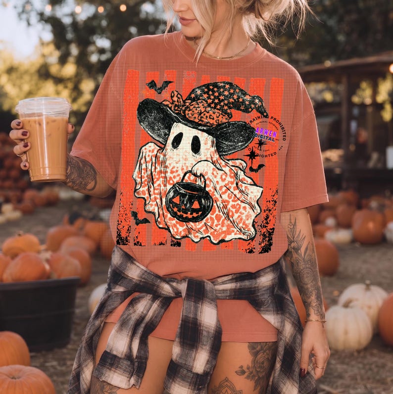 Coquette Leopard Ghost PNG Cute Striped Halloween Ghost Sublimation Design Preppy Spooky Season Shirt PNG Trendy Fall Instant Download image 3