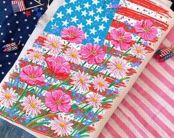 American Flag Floral PNG - Patriotic USA, Preppy Maximalist Design, Whimsical Wildflower Sublimation