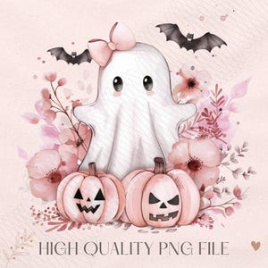 Pink Halloween PNG, Spooky Ghost, Autumn sublimation design, Fall PNG, Pumpkins, leaves PNG, Watercolor Sublimation, Coquette Pink Ghouls