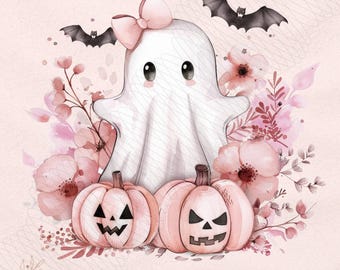 Pink Halloween PNG, Spooky Ghost, Autumn sublimation design, Fall PNG, Pumpkins, leaves PNG, Watercolor Sublimation, Coquette Pink Ghouls
