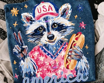 4th Of July Raccoon PNG, Patriotic America Flag, Independence Day Kids Shirt Png, Cute Freedom Design, USA handdrawn paint