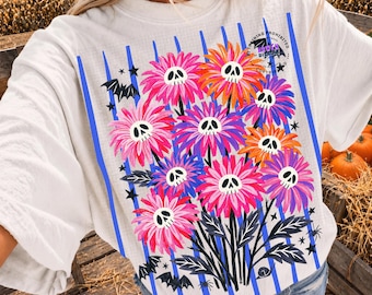 Colorful Striped Halloween Flowers, Skull Flower Design, Spooky Season Striped PNG, Coquette Maximalist Design, Trendy Fall Flowers